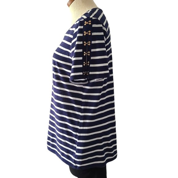 Michael Michael Kors Striped Short Sleeve Tee Top, Navy Blue & White, Gold SIZE - Picture 5 of 7